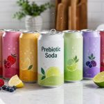 Colorful prebiotic soda cans arranged with fruit in a bright kitchen