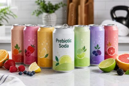 Colorful prebiotic soda cans arranged with fruit in a bright kitchen