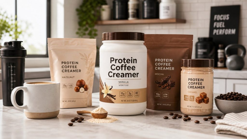 Protein coffee creamer tubs and pouches arranged with coffee and powder