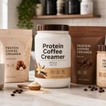 Protein coffee creamer tubs and pouches arranged with coffee and powder