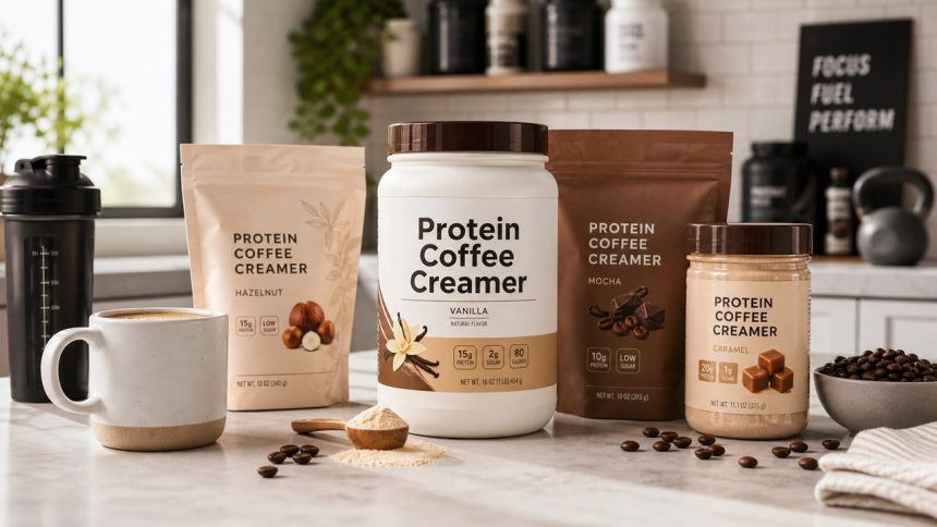 Protein coffee creamer tubs and pouches arranged with coffee and powder