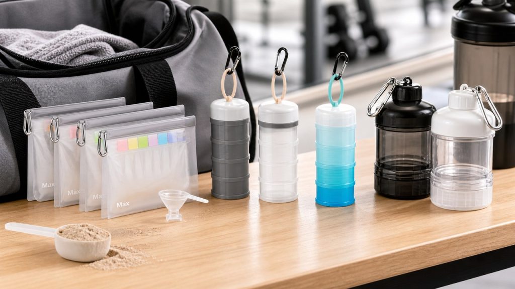 Portable protein powder containers, travel bags, and stackable dispensers beside a shaker bottle