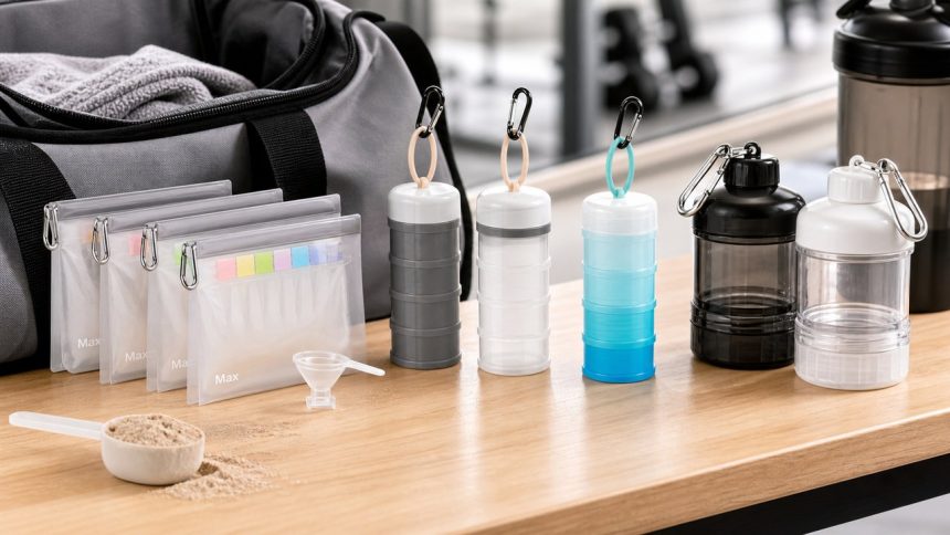 Portable protein powder containers, travel bags, and stackable dispensers beside a shaker bottle