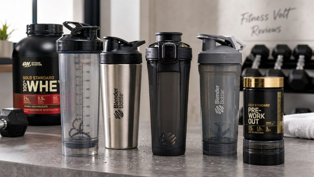 Protein shaker bottles arranged with protein powder and gym accessories for a FitnessVolt review