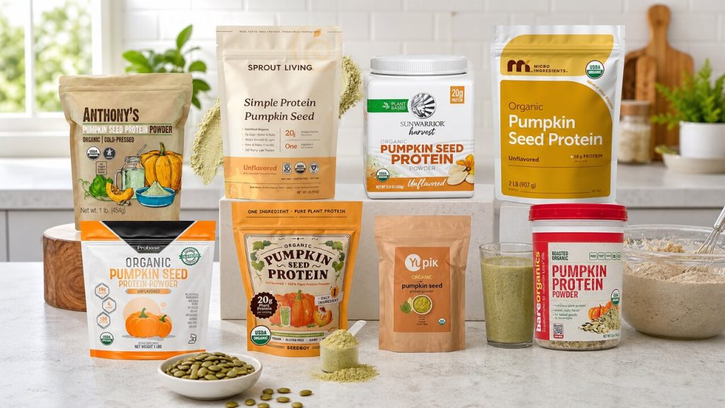 Pumpkin seed protein powder beside a smoothie, oats, and whole pumpkin seeds