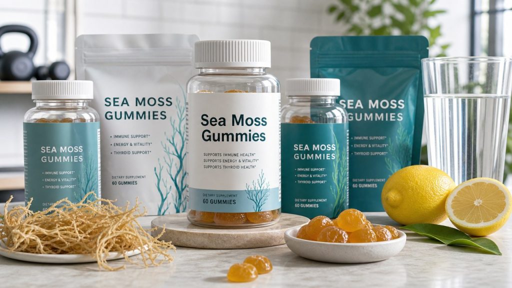 Sea moss gummy supplement bottles with amber gummies and dried sea moss