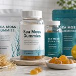 Sea moss gummy supplement bottles with amber gummies and dried sea moss