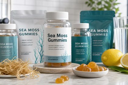 Sea moss gummy supplement bottles with amber gummies and dried sea moss