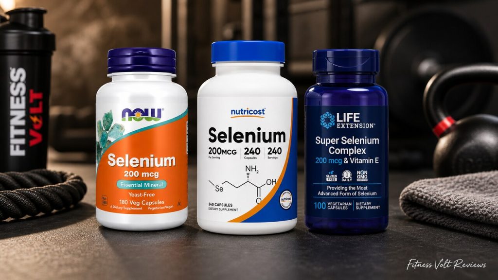 Selenium supplement bottles arranged for a dose and formula comparison