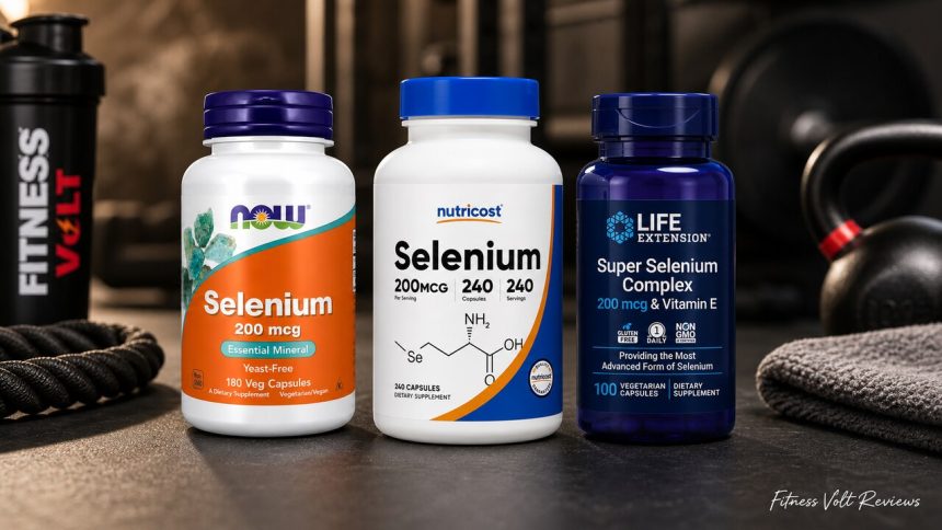 Selenium supplement bottles arranged for a dose and formula comparison