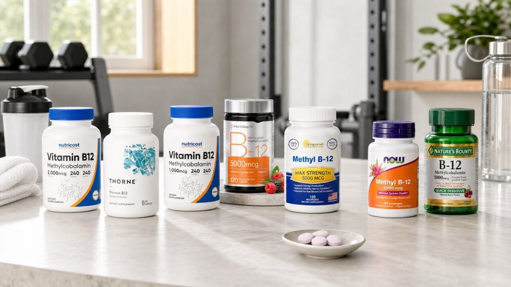 Vitamin B12 supplement bottles arranged for a label comparison