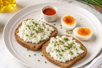 Cooked eggs served on cottage cheese toast