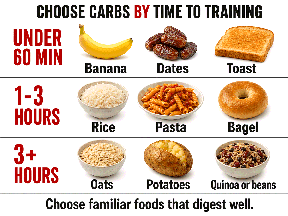 Carb choices grouped by the time remaining before a workout