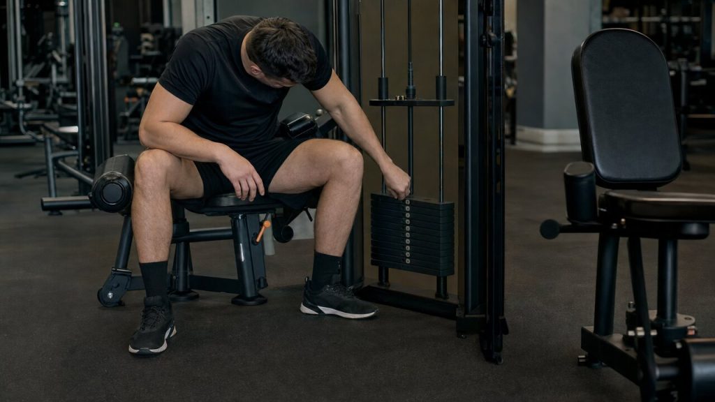 Lifter resting beside a selectorized machine with a hand near the weight stack