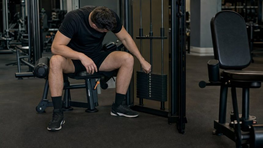 Lifter resting beside a selectorized machine with a hand near the weight stack