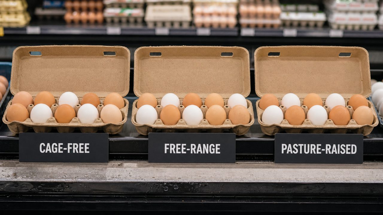 Cage-free, free-range, and pasture-raised egg cartons compared side by side
