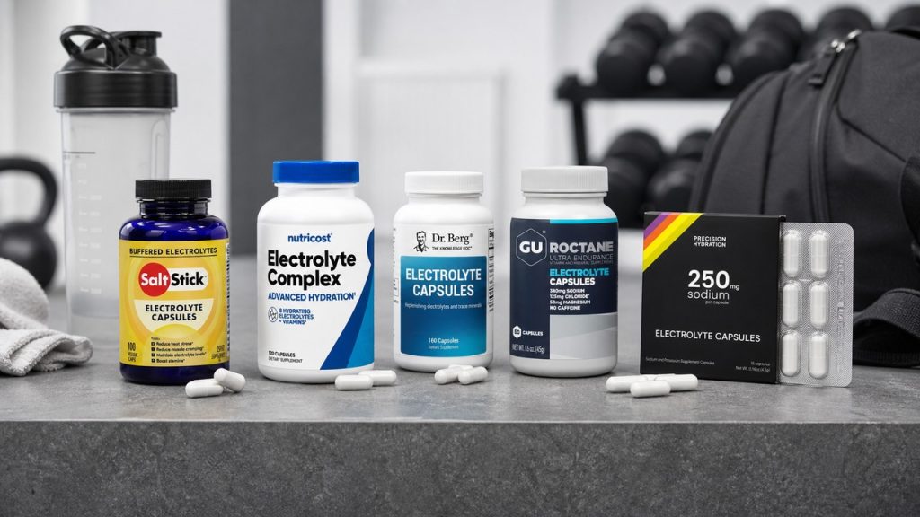 Electrolyte capsule bottles beside training gear