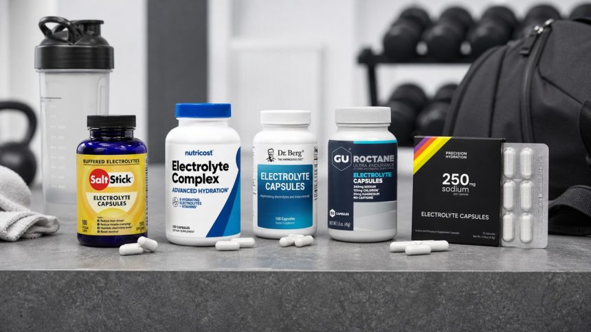 Electrolyte capsule bottles beside training gear