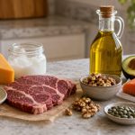 Common saturated-fat foods beside olive oil, avocado, salmon, nuts, and seeds