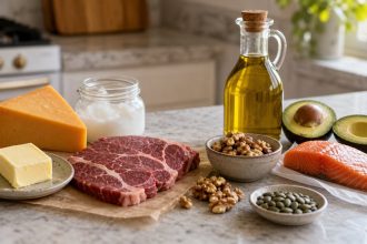 Common saturated-fat foods beside olive oil, avocado, salmon, nuts, and seeds