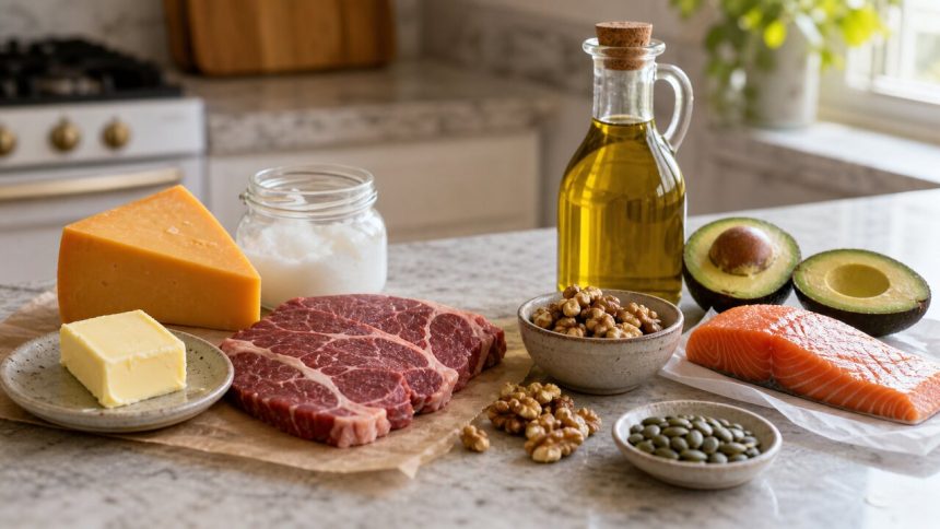 Common saturated-fat foods beside olive oil, avocado, salmon, nuts, and seeds