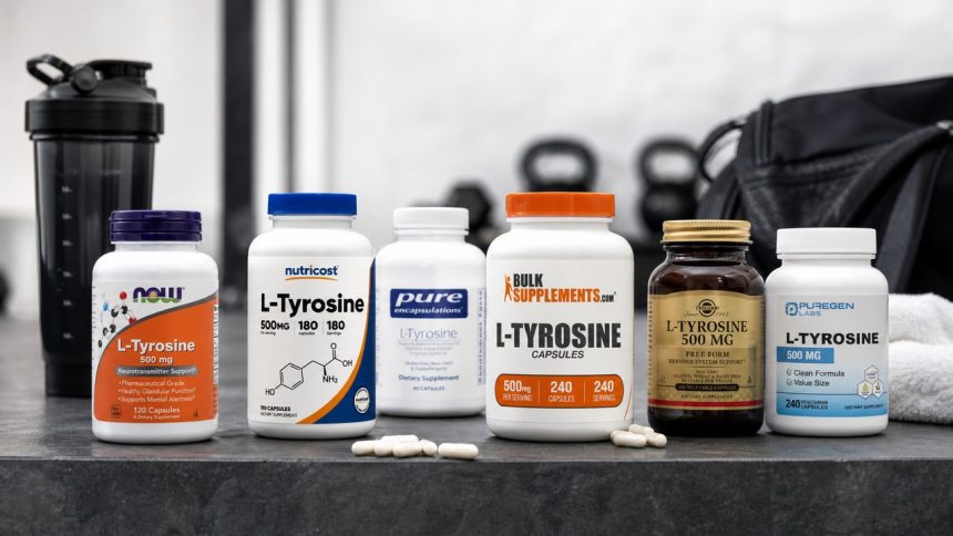 L-tyrosine supplement bottles on a gym counter