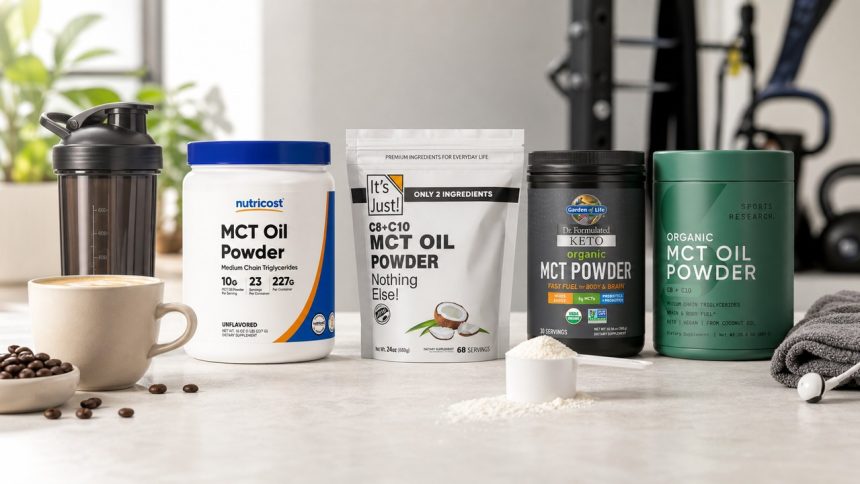 MCT oil powder tubs beside coffee and training gear