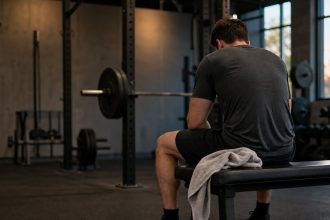 Recreational lifter resting on a bench after strength training