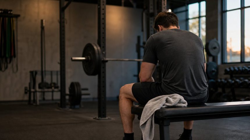 Recreational lifter resting on a bench after strength training