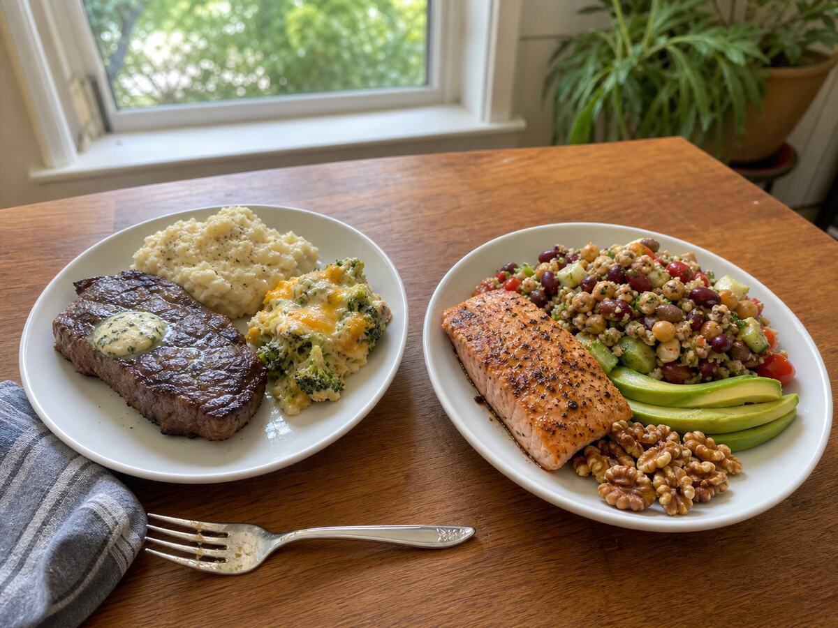 Two meals comparing a butter-rich steak plate with salmon, beans, avocado, and walnuts