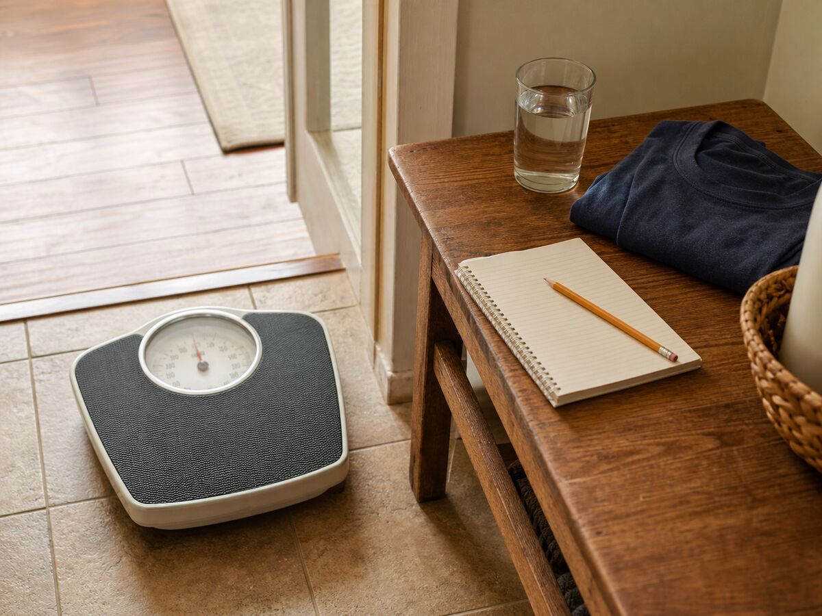 Analog bathroom scale beside a notebook, folded shirt, and glass of water