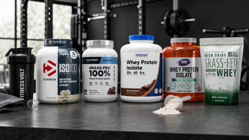 Whey isolate protein tubs on a gym counter