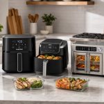 Air fryers arranged with high-protein meal-prep containers in a bright kitchen