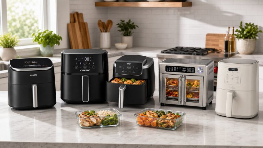 Air fryers arranged with high-protein meal-prep containers in a bright kitchen
