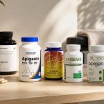 Apigenin supplement bottles with visible 50 mg and 100 mg labels arranged in a bright bedroom recovery setting