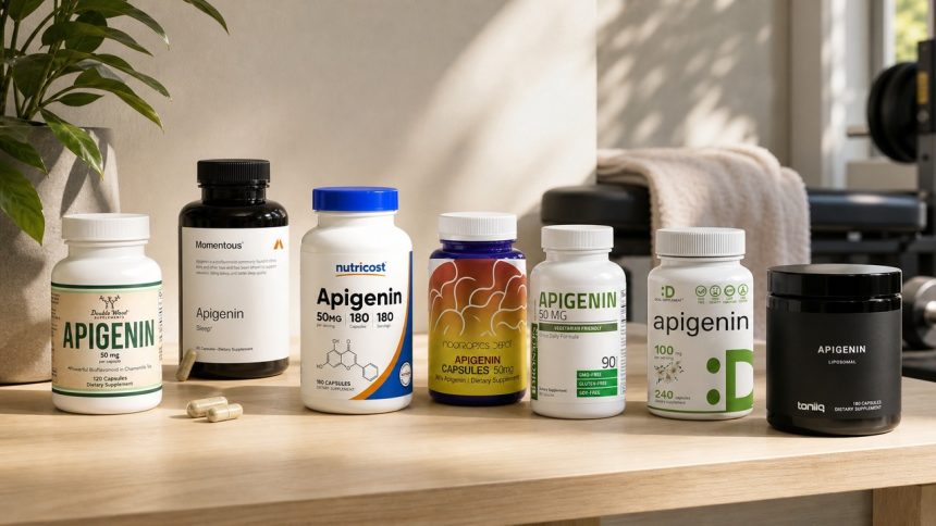 Apigenin supplement bottles with visible 50 mg and 100 mg labels arranged in a bright bedroom recovery setting