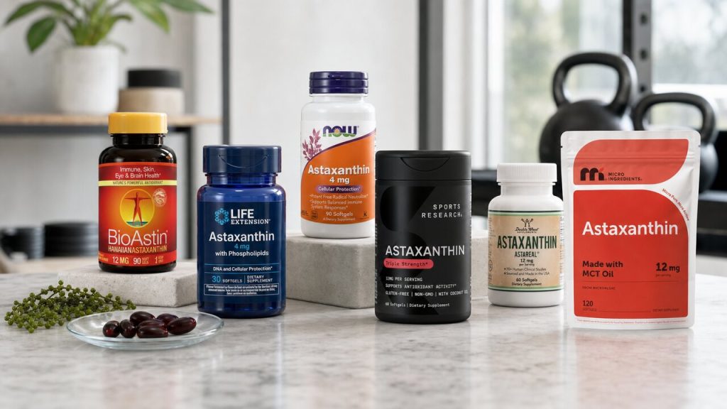 Astaxanthin supplement bottles arranged in a bright fitness nutrition studio