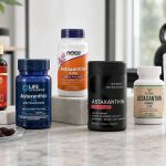 Astaxanthin supplement bottles arranged in a bright fitness nutrition studio