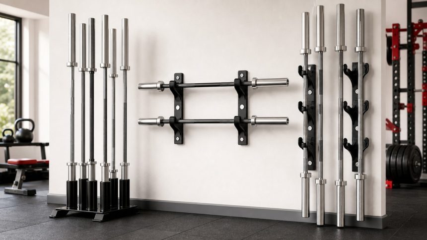 Barbell storage racks organizing Olympic and specialty bars in a bright home gym