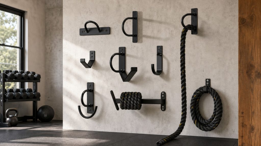 Battle rope anchor and coiled rope set up in a bright home gym
