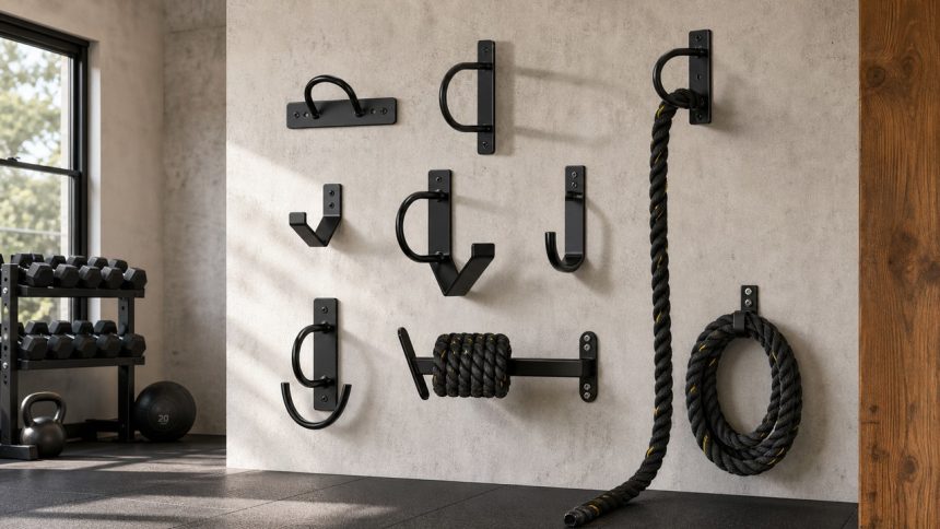 Battle rope anchor and coiled rope set up in a bright home gym