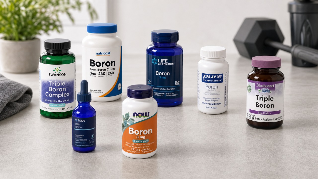 Seven labeled boron supplement bottles and one liquid dropper arranged beside home gym equipment