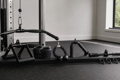 Cable machine attachment sets arranged in a bright organized home gym