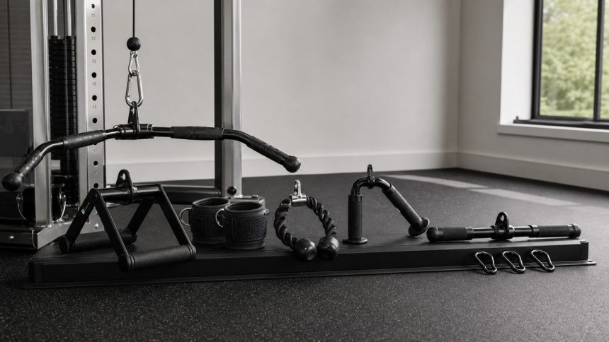 Cable machine attachment sets arranged in a bright organized home gym