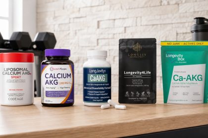 Calcium AKG supplement bottles with visible labels on a bright fitness studio counter
