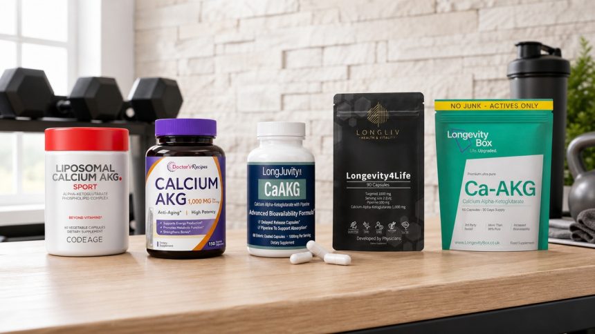 Calcium AKG supplement bottles with visible labels on a bright fitness studio counter