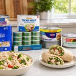 Canned chicken breast products beside rice bowls, wraps, and salad greens