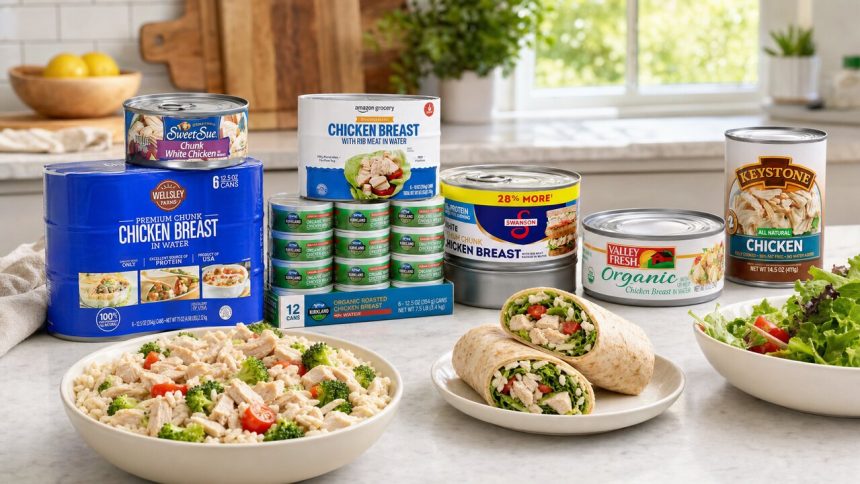 Canned chicken breast products beside rice bowls, wraps, and salad greens