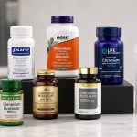 Chromium supplement bottles arranged in a bright fitness nutrition studio