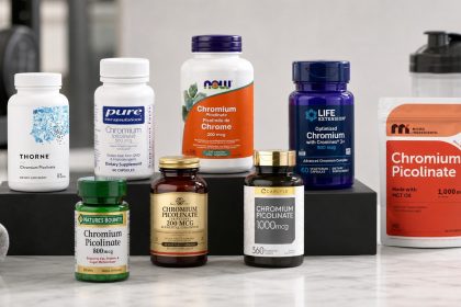 Chromium supplement bottles arranged in a bright fitness nutrition studio